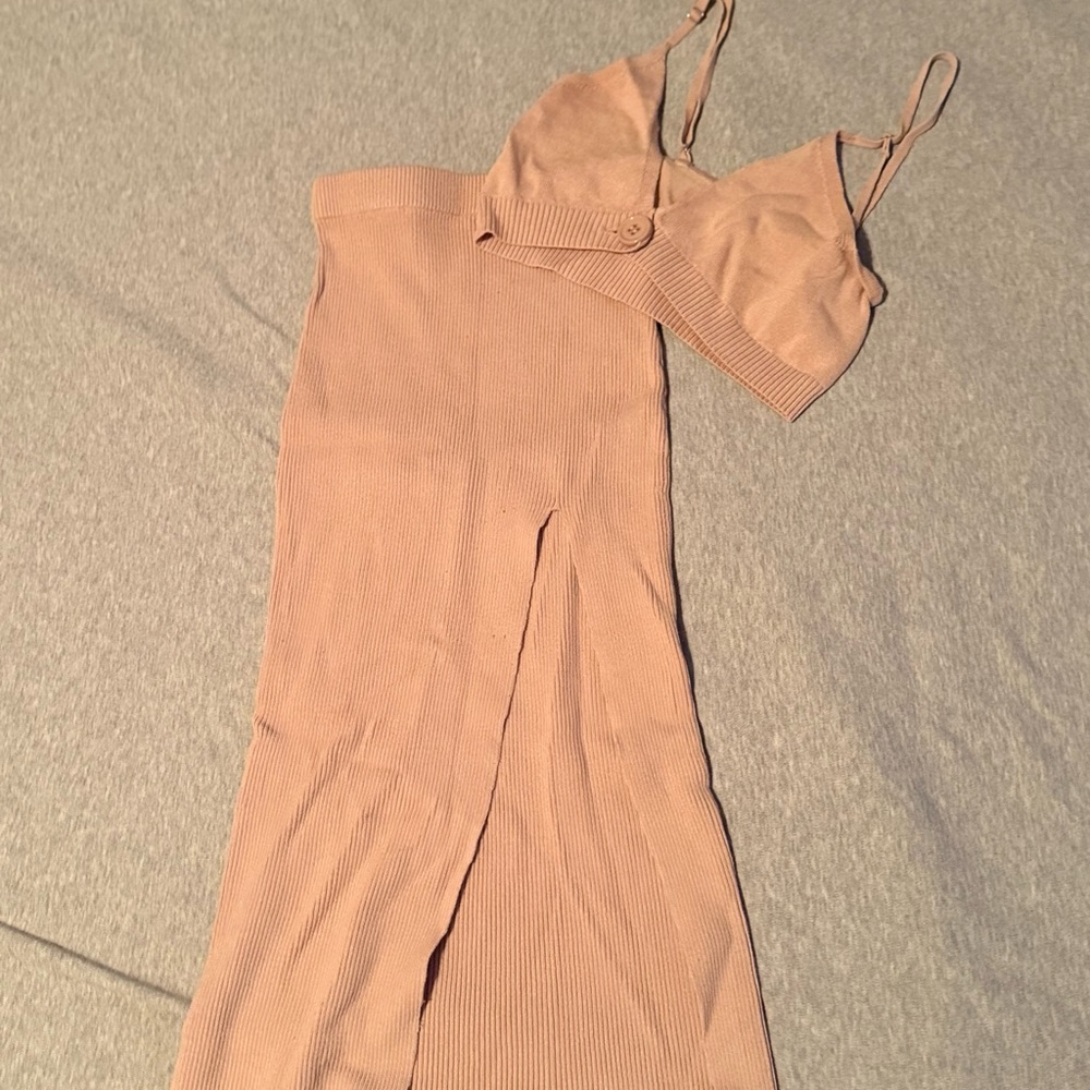 Fashion Nova Tan Ribbed Two-Piece Set